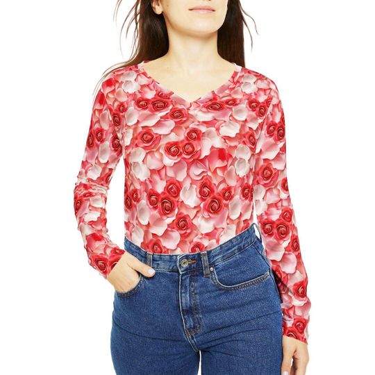 Discover Valentines Day Minnie Roses Womens Long Sleeve Vneck Shirt | disney world disneyland coquette cottagecore cottage core floral outfit clothes
