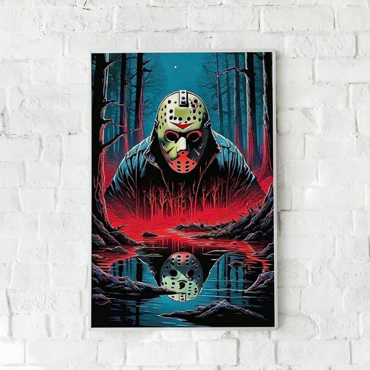 Discover Horror Jason Voorhees Poster Unframed, Creepy Friday the 13th Wall Art Print, Slasher Mask Scary Room Decor, Gothic Halloween Fan Gift