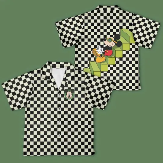 Disney Mickey & Friends Mickey Black And White Checkerboard Hawaiian Shirt