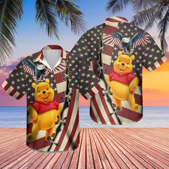 Disney Independence USA Flag Pooh Bear Firework 4th Of July Hawaiian Shirt