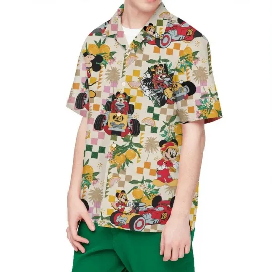 Disney Mickey Mouse Racers Family Aloha Matching Plaid Hawaiian Shirt