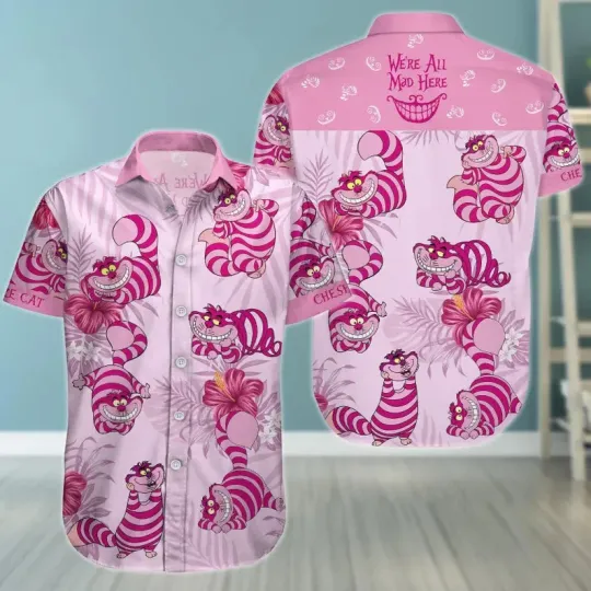 Discover Disney Alice Wonderland Cheshire Cat We're All Mad Here Pink Hawaiian Shirt