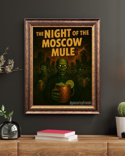 Discover Night of the Moscow Mule | Vintage Horror Cocktail Poster | Retro Halloween Wall Art | Spooky Bar Cart Decor | Moscow Mule Print