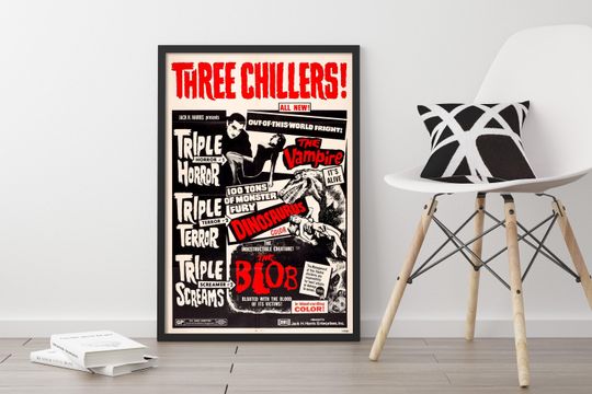 Discover Vintage Horror Movie Poster: Three Chillers! - Retro Sci-Fi Wall Art