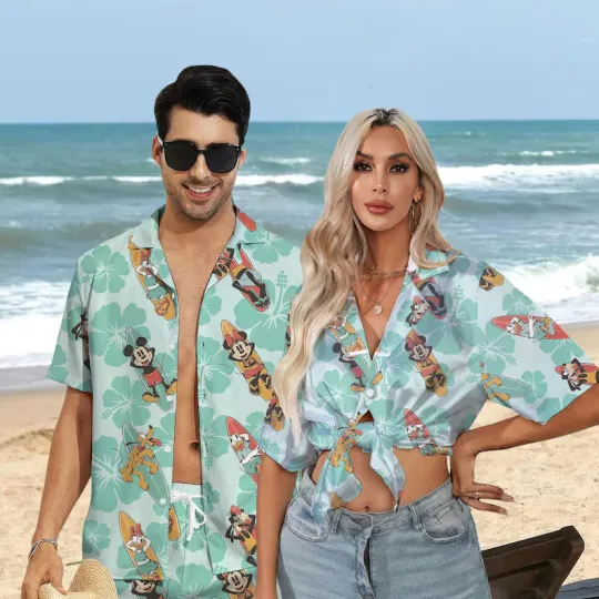 Discover Disney Mickey Mouse Aloha Summer Vacation Floral Green Hawaiian Shirt