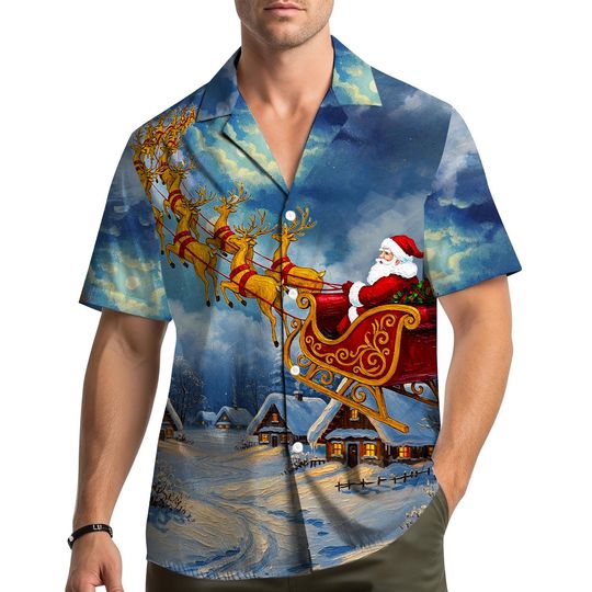 Discover Santa Claus Riding Sleigh Hawaiian Shirt with Reindeer, Christmas Holiday Aloha Shirt