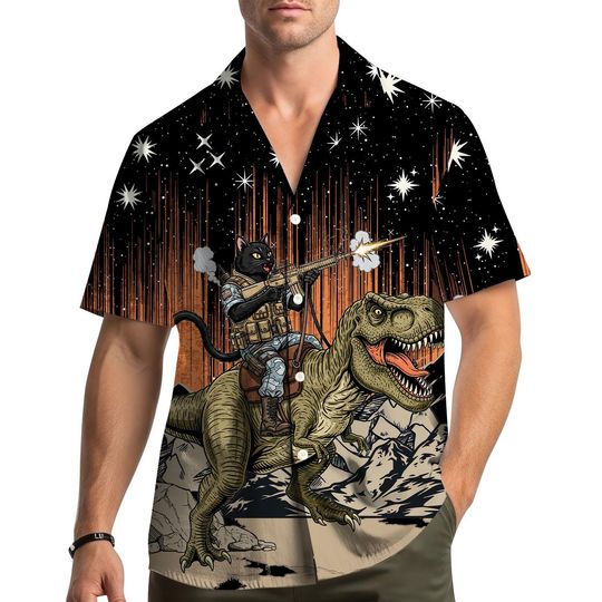 Discover Cat Riding Dinosaur Hawaiian Shirt for Men Women Youth