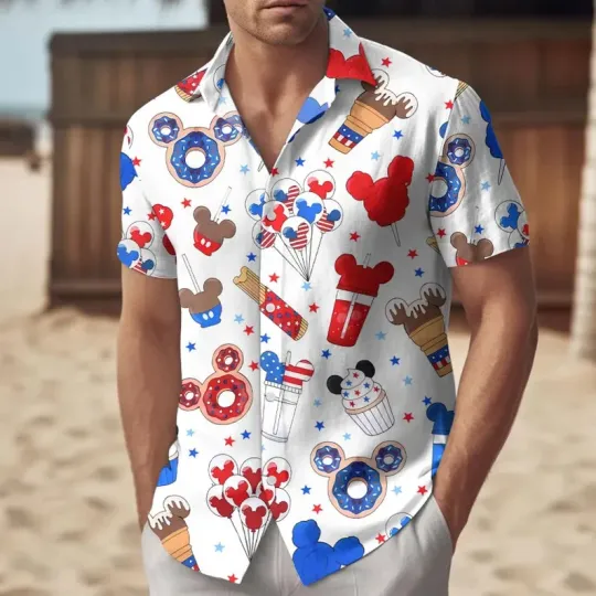 Discover Disney Mickey Mouse 4th July Snack Donut Ice Cream Symbol White Hawaiian Shirt