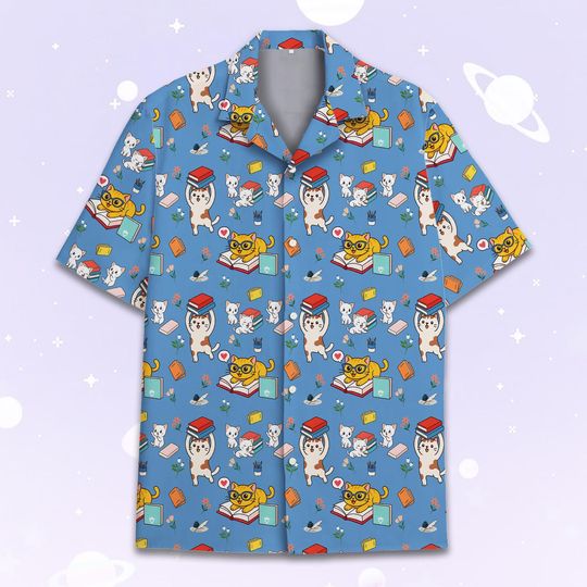 Discover Cute Book Cat Hawaiian Shirt for Men and Women, Funny Reading Kitty Teacher Gift