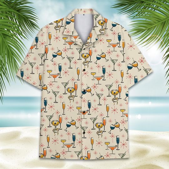 Vintage Hawaiian Cocktail Shirt, Retro Martini and Champagne Print