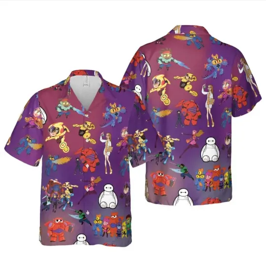 Discover Disney Big Hero 6 Animated Cast Summer Comic Style Purple Hawaiian Shirt