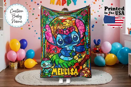 Disney Stitch Aloha Summer Dance Stained Glass Art Customize Fleece Blanket