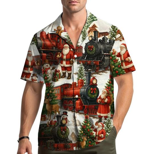 Discover Christmas Train Santa Hawaiian Shirt, Vintage Holiday Aloha Shirt for Men Women Youth, Merry Xmas Party Button Down Top