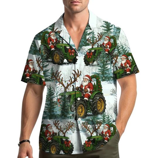 Discover Santa Driving Tractor Christmas Hawaiian Shirt Men Women Youth, Funny Farm Holiday Aloha Shirt Button Down, Xmas Party Outfit
