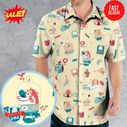 Ren and Stimpy Pattern Hawaiian Shirt