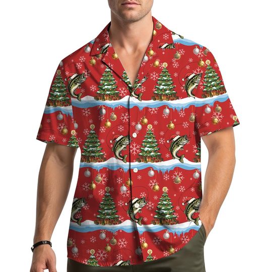 Fishing Christmas Hawaiian Shirt Men Women Youth, Bass Fish Xmas Tree Aloha Shirt