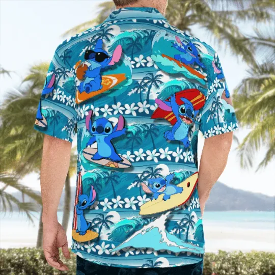 Disney Funny Stitch Surfing Blue Waves Tropical Summer Hawaiian Shirt