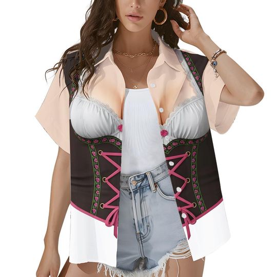 Oktoberfest Women's Hawaiian Shirt Beer Maid Dirndl Costume Bavarian German Festival Short Sleeve Aloha Top
