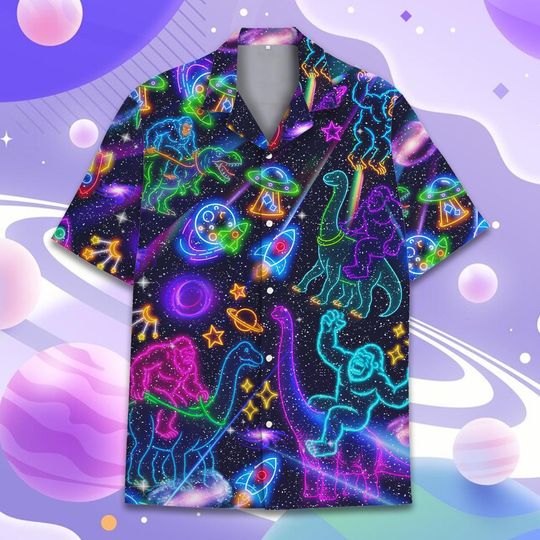 Discover Funny Neon Bigfoot Dinosaur Hawaiian Shirt for Men Women Youth, Colorful Space UFO Button-Down Short Sleeve Shirt, Summer Galaxy Party Shirt