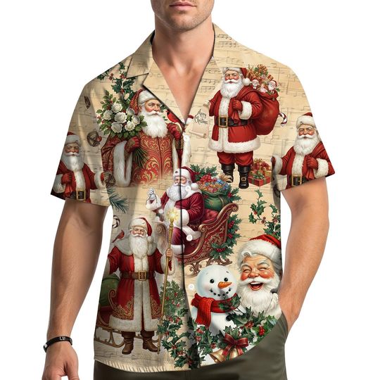 Discover Vintage Santa Claus Hawaiian Shirt, Classic Christmas Aloha Shirt for Men Women Youth, Retro Holiday Party Button Down Top, Xmas Gift