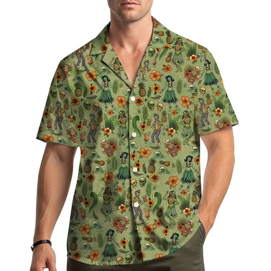 Zombie Hula Girl Hawaiian Shirt - Short Sleeve Tiki Party Shirt for Men Women Youth