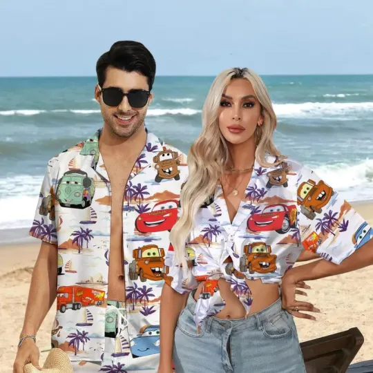 Discover Disney Cars Lightning Mcqueen Tow Mater Tropical Vintage White Hawaiian Shirt