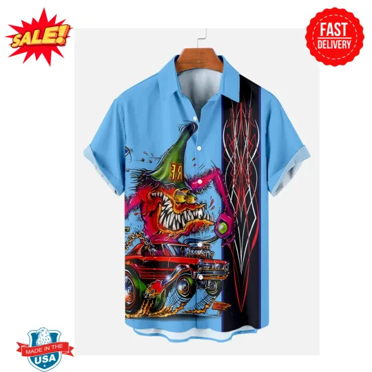 Discover Rat Fink Hawaiian Shirt - Retro Hot Rod Cartoon, Flames & Classic Kustom Art