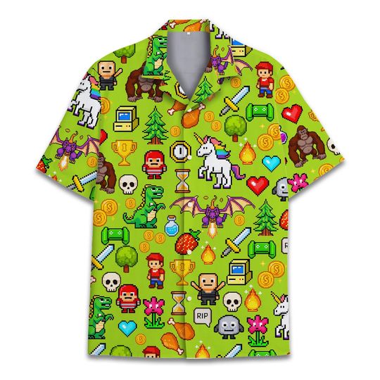 Discover Retro Pixel Video Game Hawaiian Shirt for Men Women Youth, Funny Gamer Lovers Shirt, Colorful Arcade Print Button-Up Shirt Short Sleeve