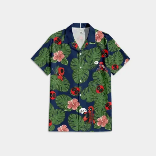 Disney Marvel Deadpool Superhero Tropical Leaves Black Hawaiian Shirt