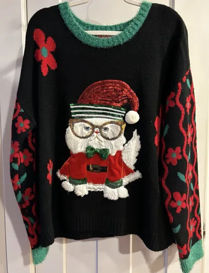 33 Degrees White Persian Christmas Cat Ugly Sweater Black Pionsettas Sequined 1X
