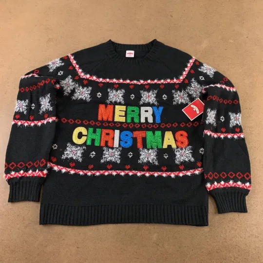 Holiday Time Womens Pullover Sweater Black Merry Christmas Long Sleeve M New