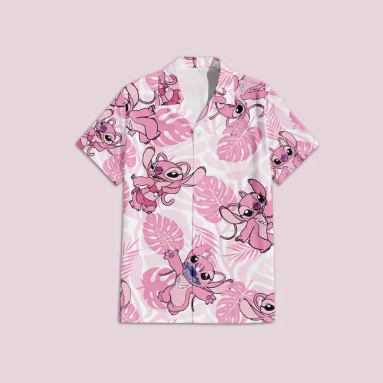 Discover Disney Angel Lilo & Stitch Tropical Leaves Pink Hawaiian Shirt