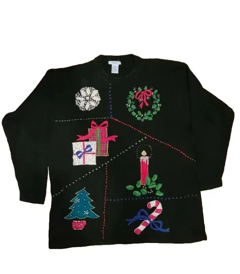 Vintage Ugly Christmas Sweater Sz L Embellished Pullover Festive Party Winner
