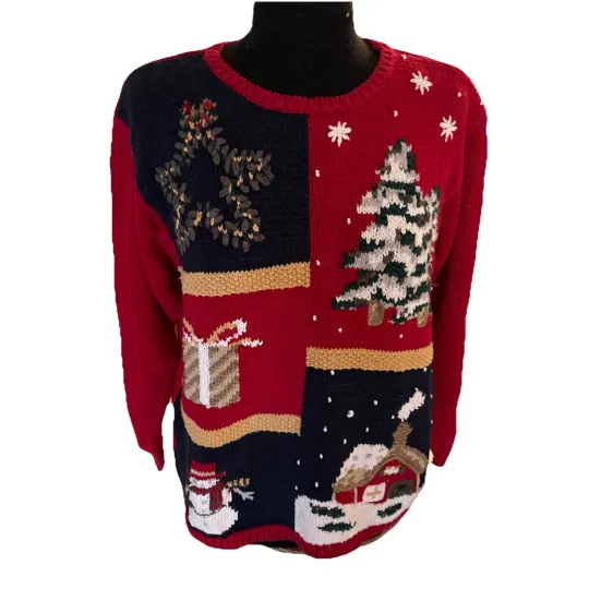 Discover Dressbarn women Embroidered Ugly Christmas sweater knitted by hand Large