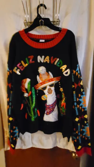 Ugly Christmas sweater"Feliz Navidad Llama" Black With Colorful Sleeves Medium M