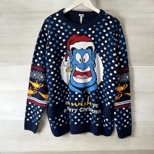 Unisex Disney Aladdin Ugly Christmas Navy Blue Sweater Size XXL Cozy Festive
