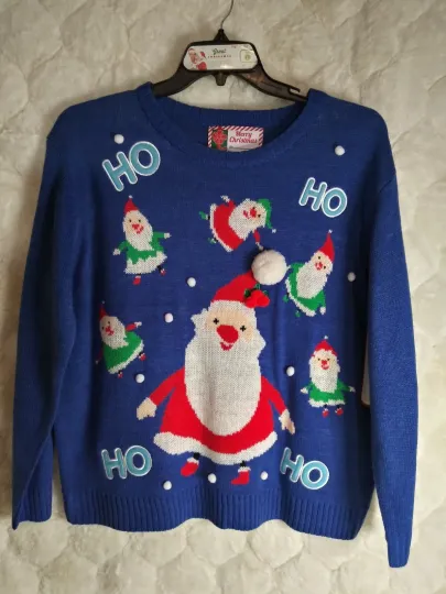 Ugly Christmas Sweater Women's HO HO HO Santas pompoms On Front Size LARGE