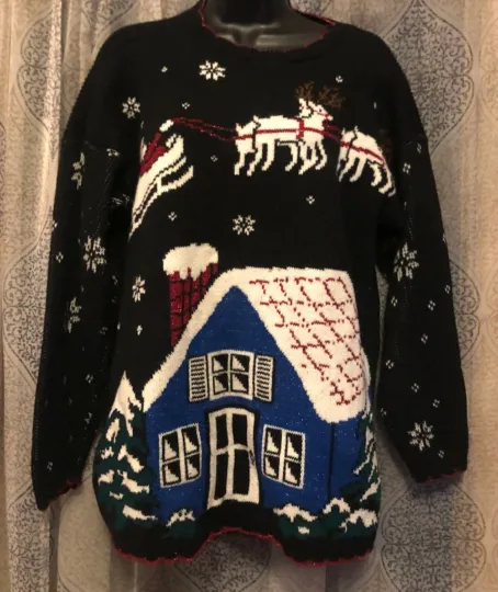 Holiday Time Ugly Christmas Sweater Black w/ Santa & Reindeer  &More SZ L