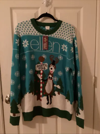 Discover Ellen Show Ugly Christmas Sweater Blue White Reindeer Snowflakes Large Closet