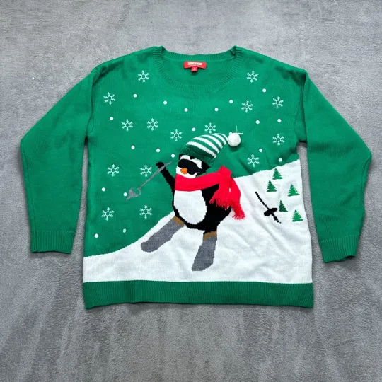 Discover Penguin Ugly Christmas Sweater Womens 1X Green Knit Animal Skiing