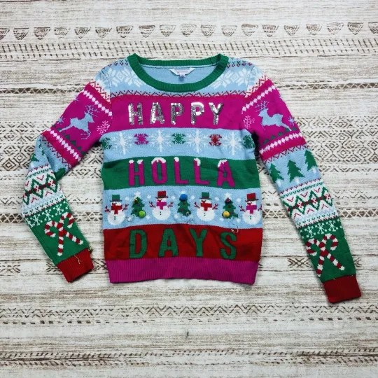 Discover Ugly Christmas Sweater Happy Holla Days Multicolor Pom Poms Sequins Size 7-9