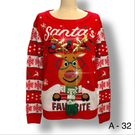 Santas Favorite No Boundaries Ugly  Christmas Sweater Red Sequins Sz L 11/13 Jrs