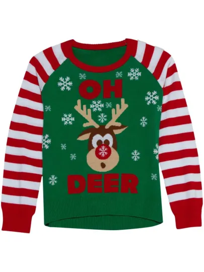 Discover Girls Green Reindeer Oh Deer! Ugly Christmas Sweater Holiday Knit Sweater