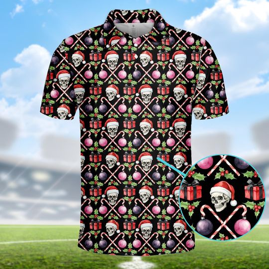 Skull Santa Christmas Polo Shirt for Men and Women, Gothic Holiday Golf Shirt