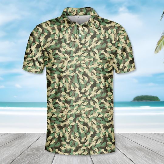 Lobster Camo Polo Shirt for Men and Women, Green Camouflage Seafood Short Sleeve Polo