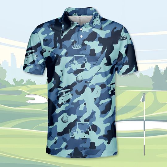 Bigfoot Golf Camo Polo Shirt for Men and Women, Blue Camo Summer Golf Shirt