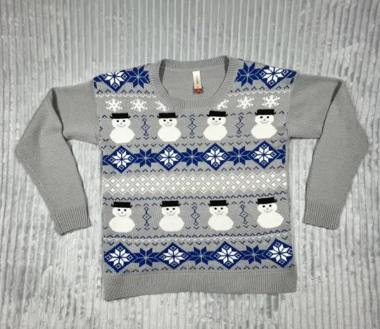 No Boundaries Christmas Sweater Women's L Holiday Party Gray Snowman Fair Isles