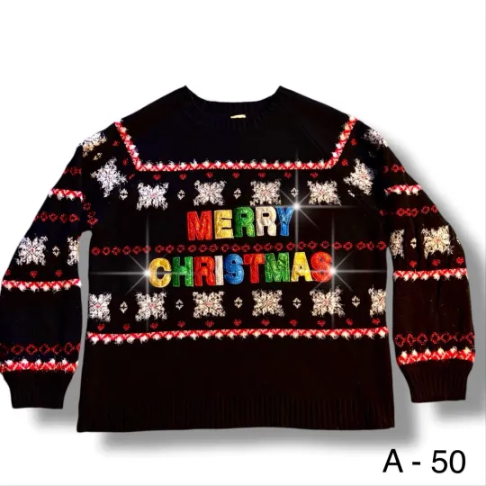 Discover Holiday Time Ugly Christmas Sweater Graphic Glitter Black Sz L (16/18)