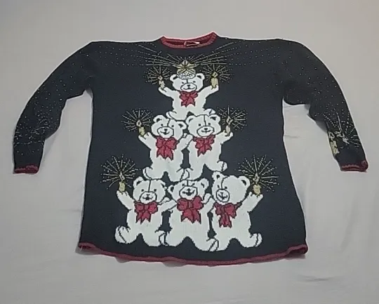 Discover Vtg Nutcracker Holiday Teddy Bear Ugly Christmas Tree Knit Sweater Medium black