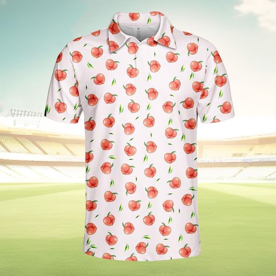 Peach Print Polo Shirt for Men and Women, Summer Casual Fruit Pattern Golf Top